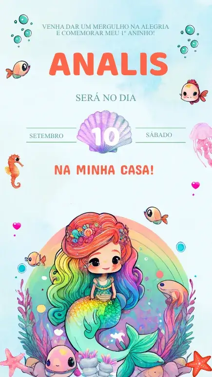 Convite Convite Aniversário Sereia Fundo do Mar – tema Aniversário Infantil marinho, colorido, lúdico, fantasia, tropical