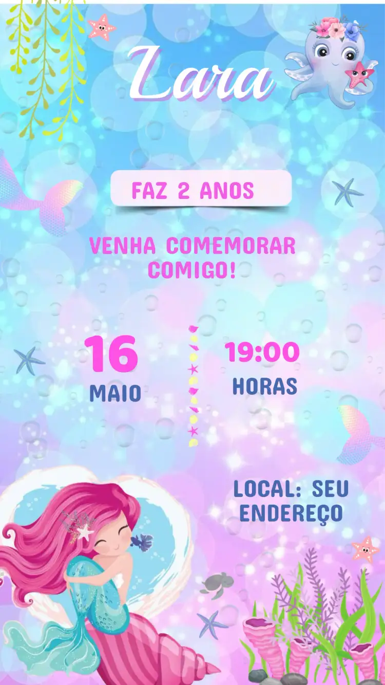 Convite Convite Aniversário Sereia Fundo do Mar – tema Aniversário Infantil marítimo, colorido, lúdico, fantasia, tropical