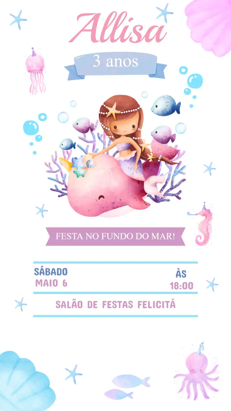 Convite Aniversário Sereia Fundo do Mar