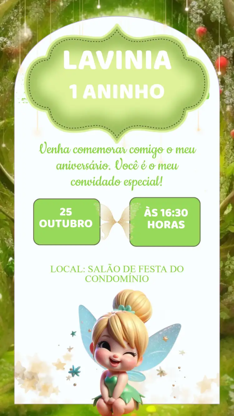 Convite Convite Aniversário Sininho Baby – tema Aniversário Infantil mágico, colorido, infantil, fantasia, delicado, divertido