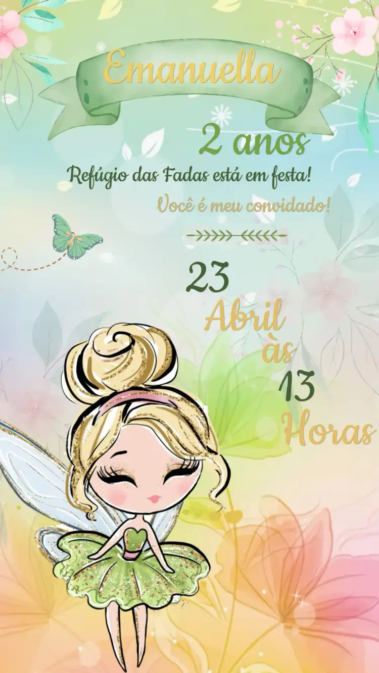 Convite Convite Aniversário Sininho Tinker Bell – tema Aniversário Infantil mágico, encantado, floral, colorido, infantil, fantasia