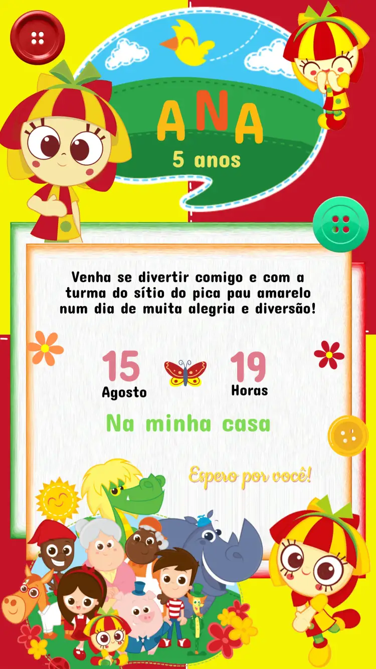 Convite Convite Aniversário Sítio do Picapau Amarelo – tema Aniversário Infantil colorido, infantil, fácil de editar, divertido, ilustrações do sítio, tema de literatura