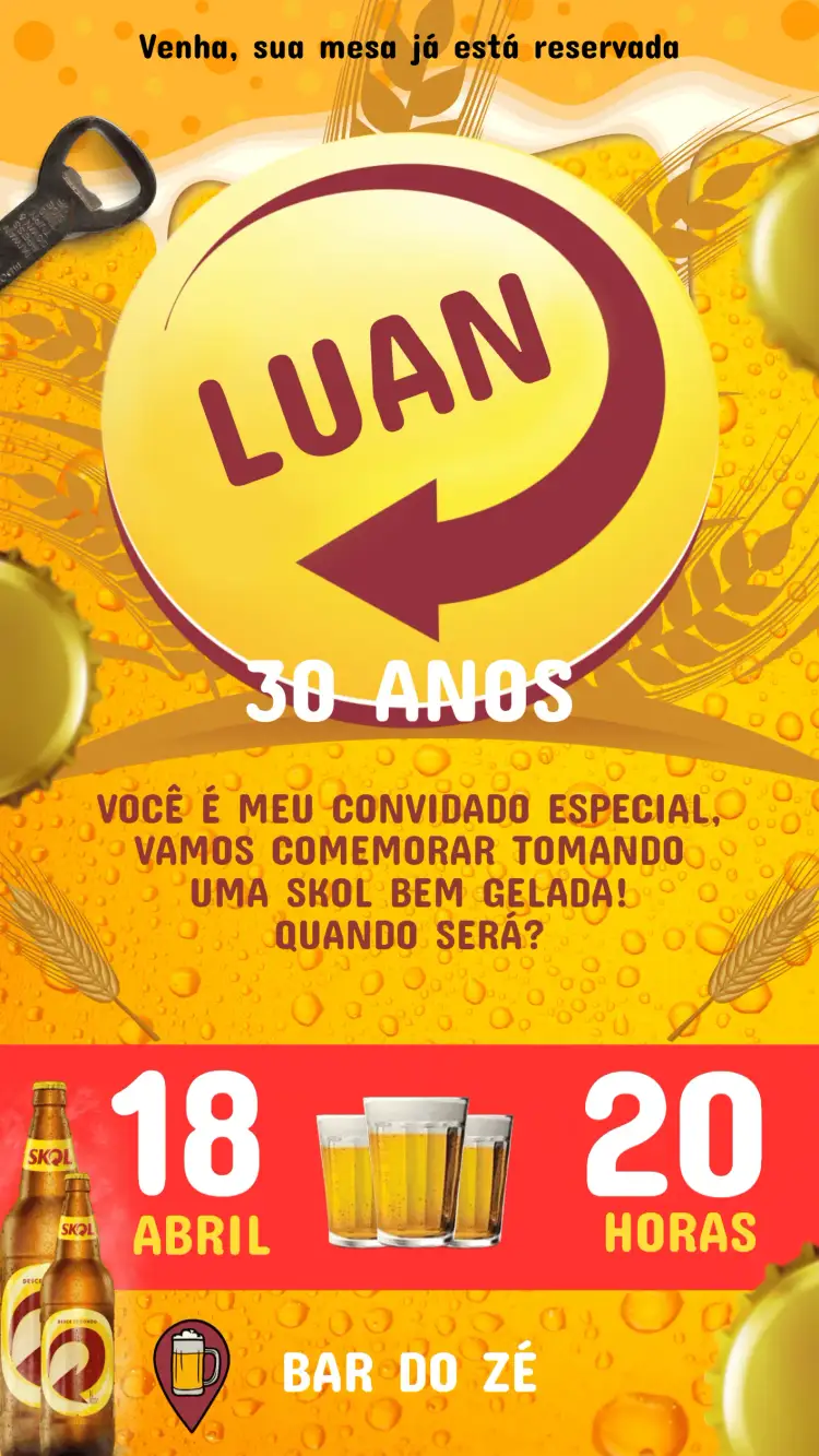 Convite Convite Aniversário Skol Cerveja – tema Aniversário colorido, divertido, moderno, jovem, descontraído, temático