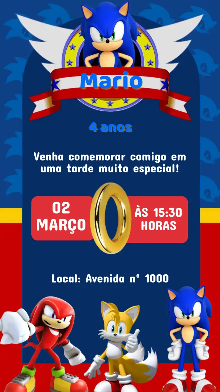 Convite Convite Aniversário Sonic – tema Aniversário Infantil colorido, temático, dinâmico, aventura, jogos, infantil