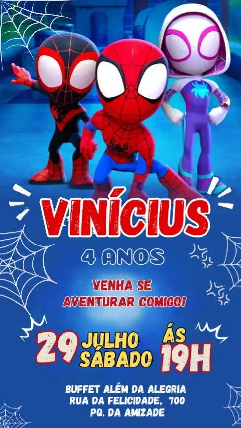 Invitation Convite Aniversário Spidey e seus Amigos – Aniversário Infantil theme cores vibrantes, estilo divertido, elementos gráficos de super-heróis, tema de aventura, design moderno