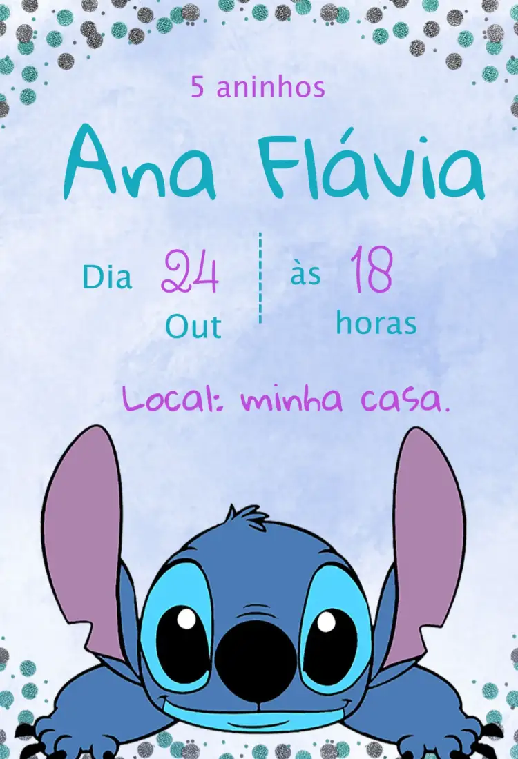 Convite Convite aniversário Stitch – tema Aniversário Infantil colorido, divertido, temático, vibrante, familiar, inspirado na Disney
