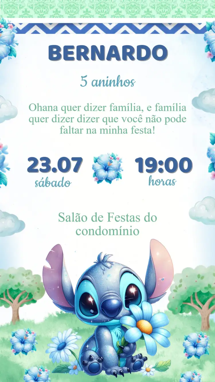 Convite Convite Aniversário Stitch – tema Aniversário Infantil colorido, lúdico, divertido, temático, infantil, cartoon