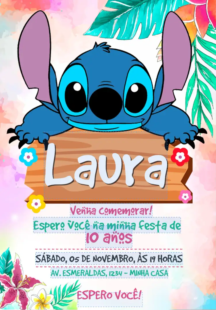 Convite Convite aniversário Stitch – tema Aniversário Infantil colorido, temático, divertido, carnaval, tropical, animais