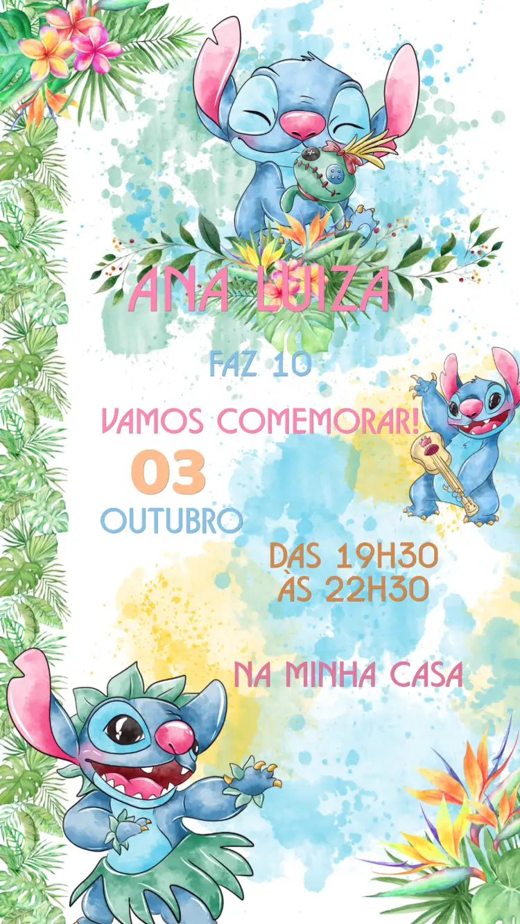 Convite Convite Aniversário Stitch – tema Aniversário Infantil tropical, azul vibrante, havaiano, divertido, lúdico, colorido