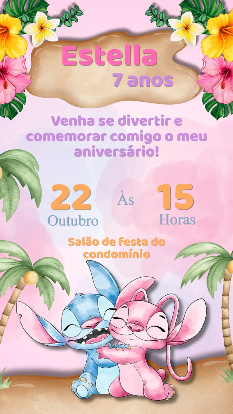Convite Convite Aniversário Stitch e Angel – tema Aniversário Infantil tropical, colorido, divertido, infantil, praia, Aloha