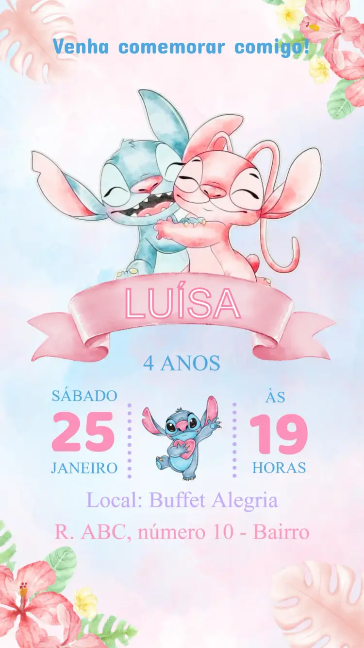 Convite Aniversário Stitch e Angel