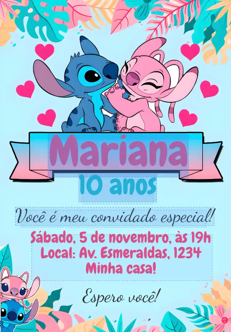Convite aniversário Stitch e Angel