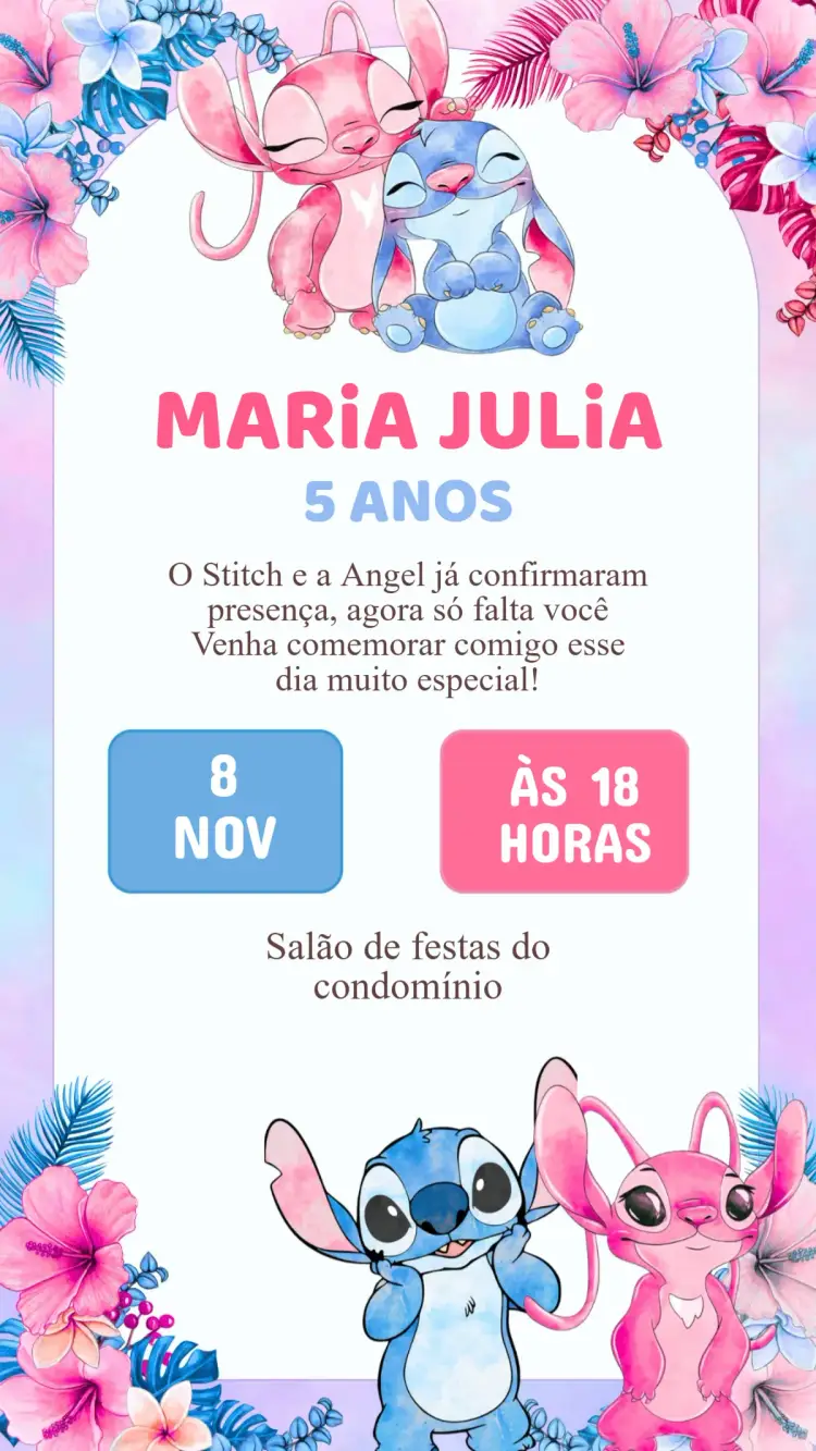 Convite Aniversário Stitch e Angel