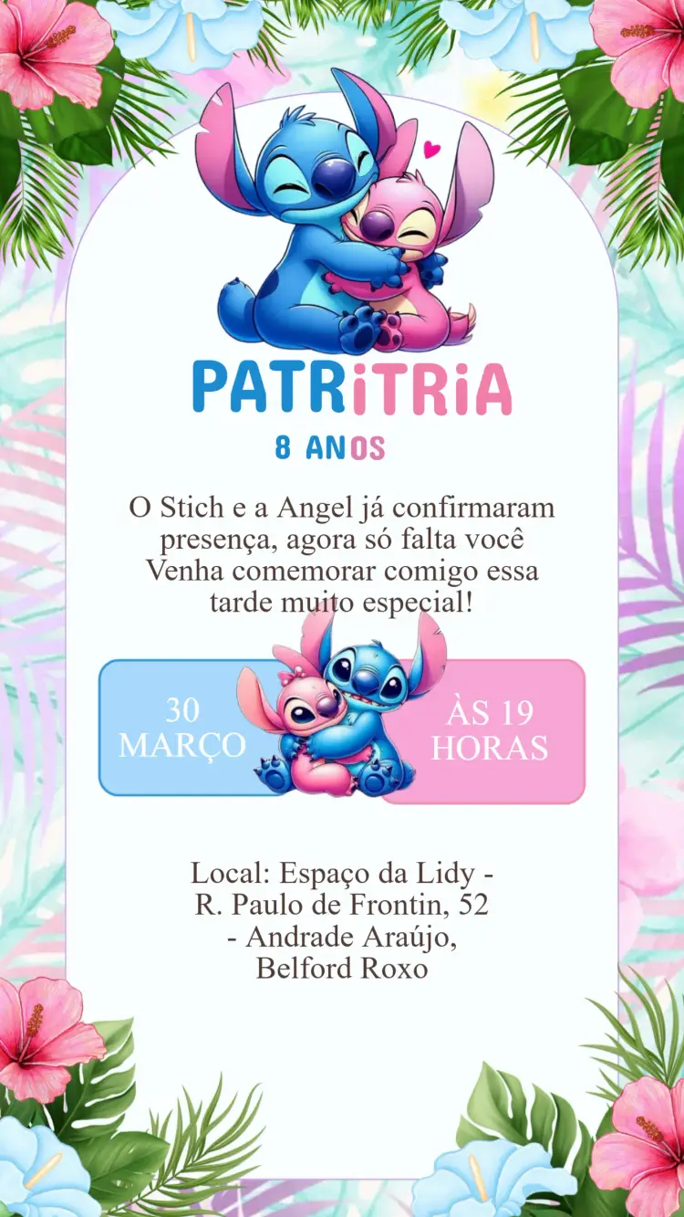 Convite Aniversário Stitch e Angel