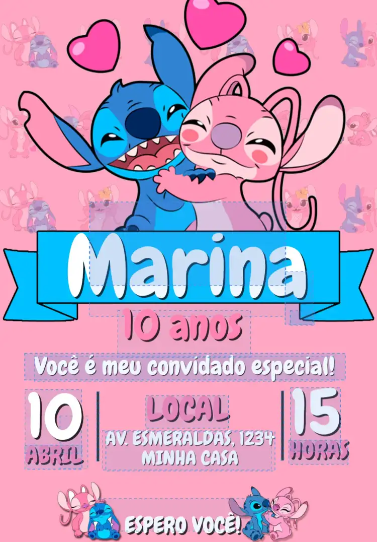 Convite Aniversário Stitch e Angel Personalizado Editável