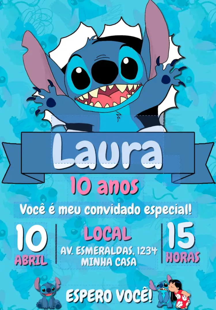Convite Aniversário Stitch Personalizado Editável