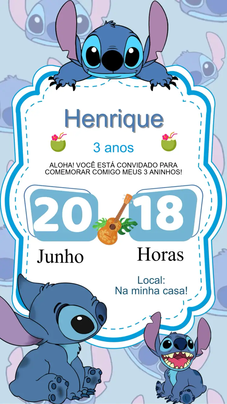 Convite Convite Aniversário Stitch – tema Aniversário Infantil tropical, colorido, divertido, marinho, havaiano