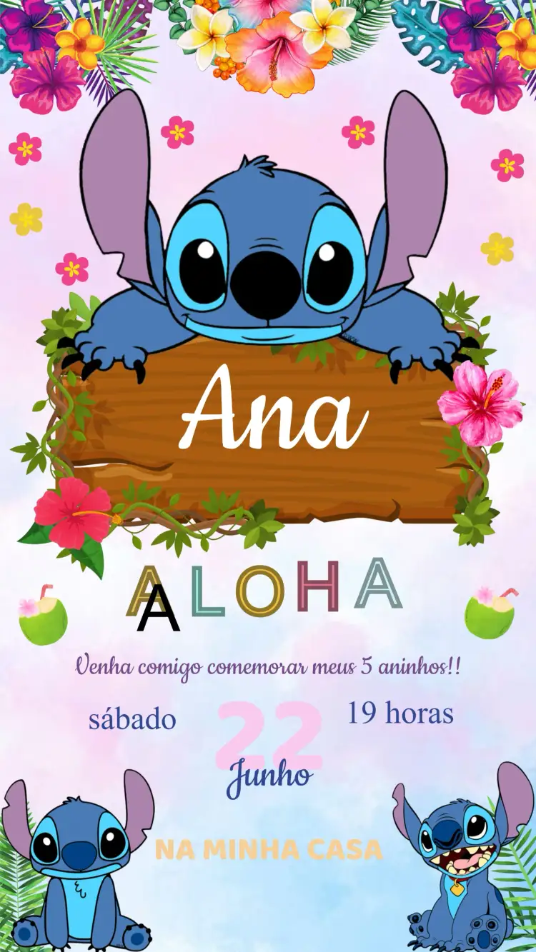Convite Convite Aniversário Stitch – tema Aniversário Infantil tropical, colorido, divertido, praia, Disney, havaiano