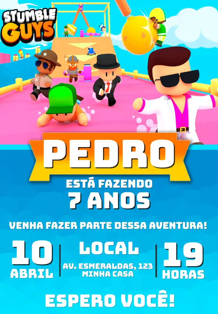 Convite Convite Aniversário Stumble Guys – tema Aniversário Infantil gamer, colorido, divertido, moderno, infantil, temático
