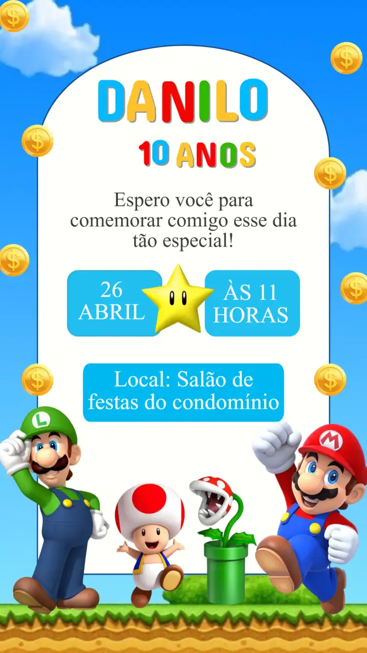 Convite Convite Aniversário Super Mario – tema Aniversário Infantil colorido, divertido, lúdico, jogos, fantasia