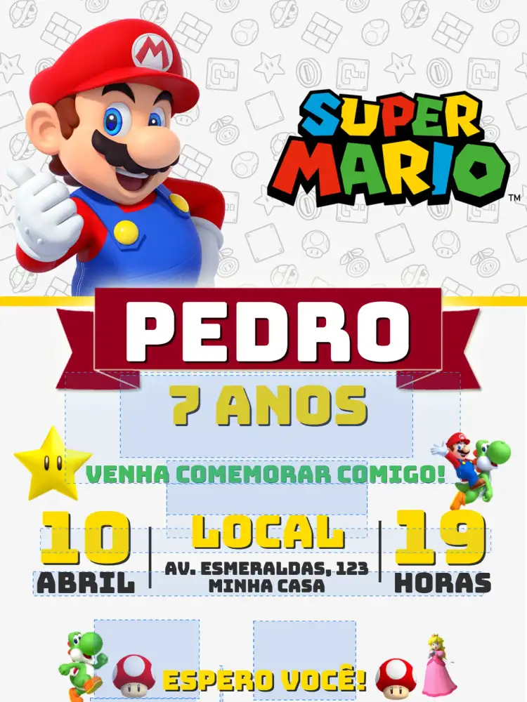 Convite Aniversário Super Mario Game Nintendo