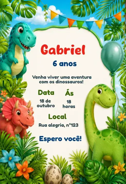Convite aniversário tema dinossauro fofo