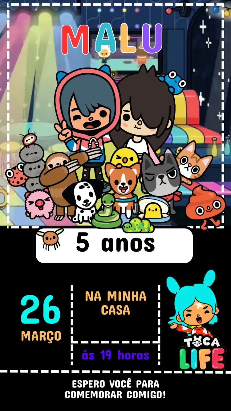 Convite Convite Aniversário Toca Life – tema Aniversário Infantil colorido, divertido, infantil, jogos, personagens, vibrante