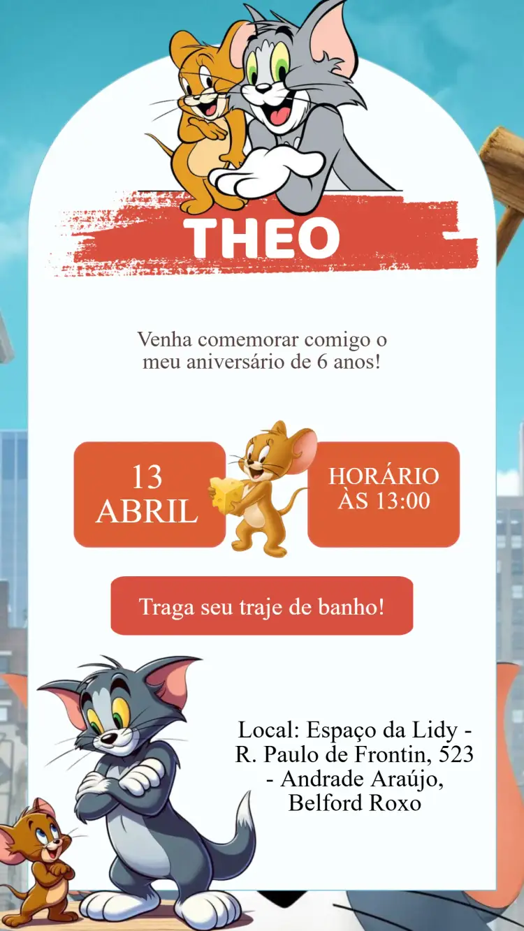 Convite Convite Aniversário Tom e Jerry – tema Aniversário Infantil colorido, divertido, cartoon, infantil, brincalhão