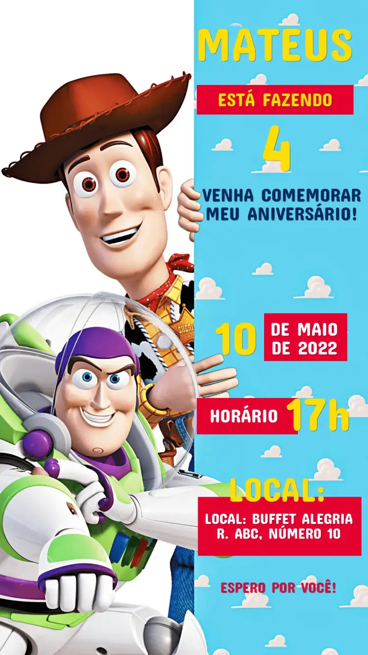 Convite Convite Aniversário Toy Story – tema Aniversário Infantil colorido, divertido, temático, infantil, animado