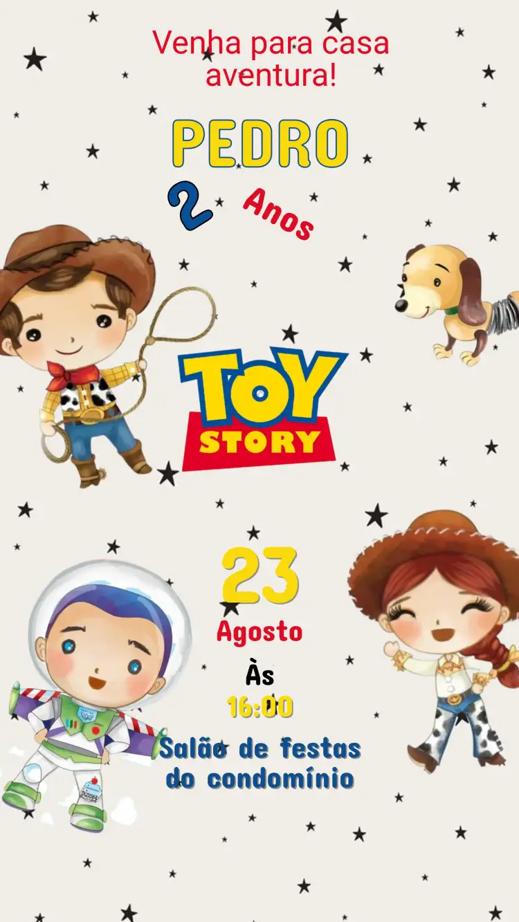 Convite Convite Aniversário Toy Story – tema Aniversário Infantil colorido, divertido, jogos de crianças, personagens de filmes, aventura, brinquedos