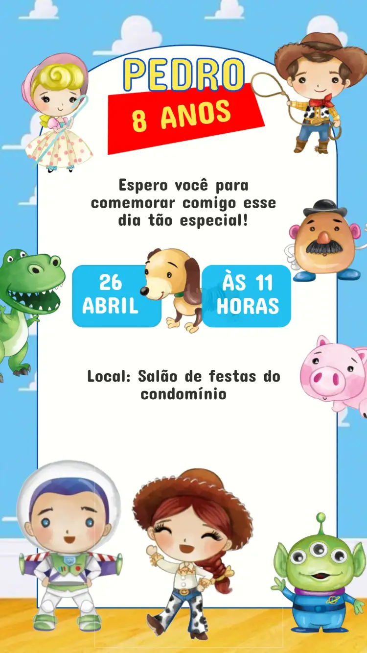 Convite Convite Aniversário Toy Story – tema Aniversário Infantil colorido, divertido, infantil, lúdico, temático, animado