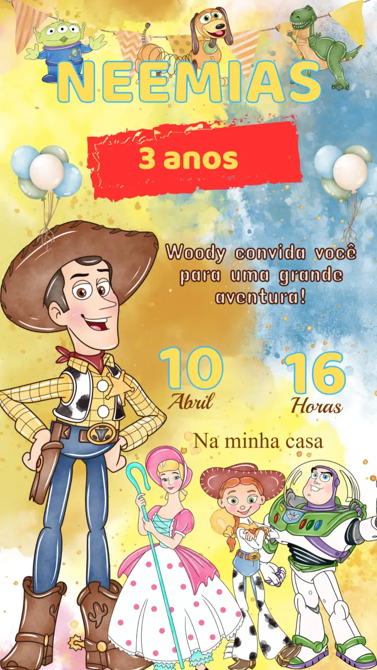 Convite Convite Aniversário Toy Story – tema Aniversário Infantil colorido, divertido, infantil, aventura, festa temática