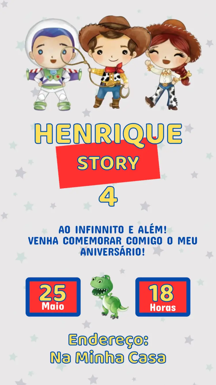 Convite Convite Aniversário Toy Story – tema Aniversário Infantil colorido, divertido, ilustrações de personagens, estilo cartoon, temática de aventura, estilo festivo