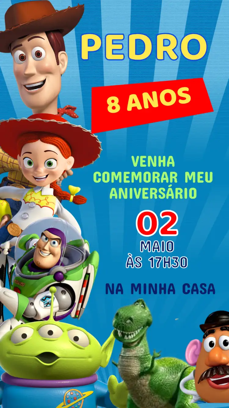 Convite Convite Aniversário Toy Story – tema Aniversário Infantil colorido, lúdico, divertido, temático, vibrante