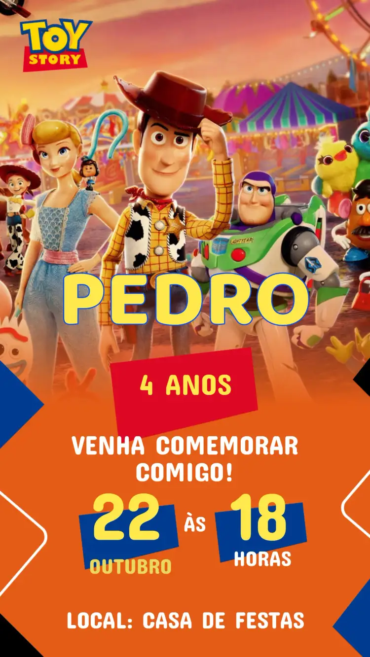 Convite Convite Aniversário Toy Story – tema Aniversário Infantil colorido, divertido, infantil, ilustrações de brinquedos, estilo cartoon