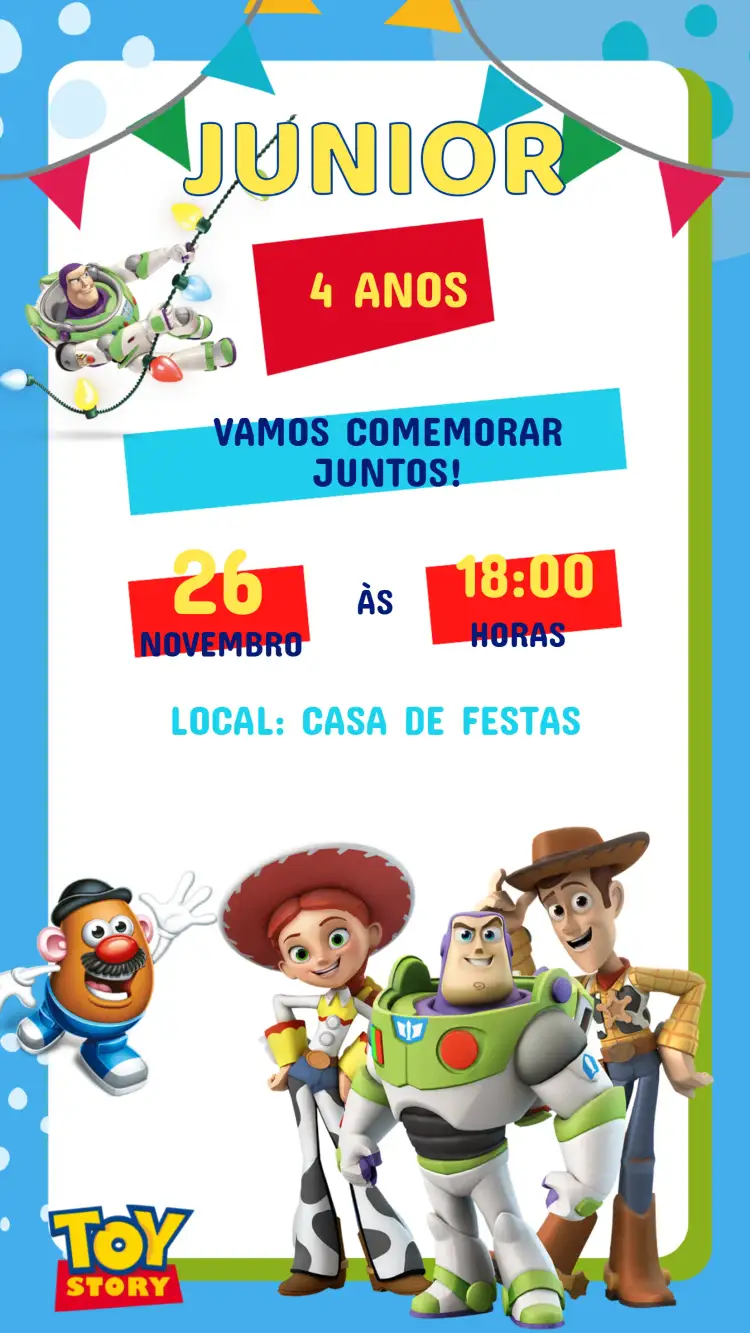 Convite Convite Aniversário Toy Story – tema Aniversário Infantil colorido, divertido, ilustrações de personagens, temática de aventura, estilo cartoon