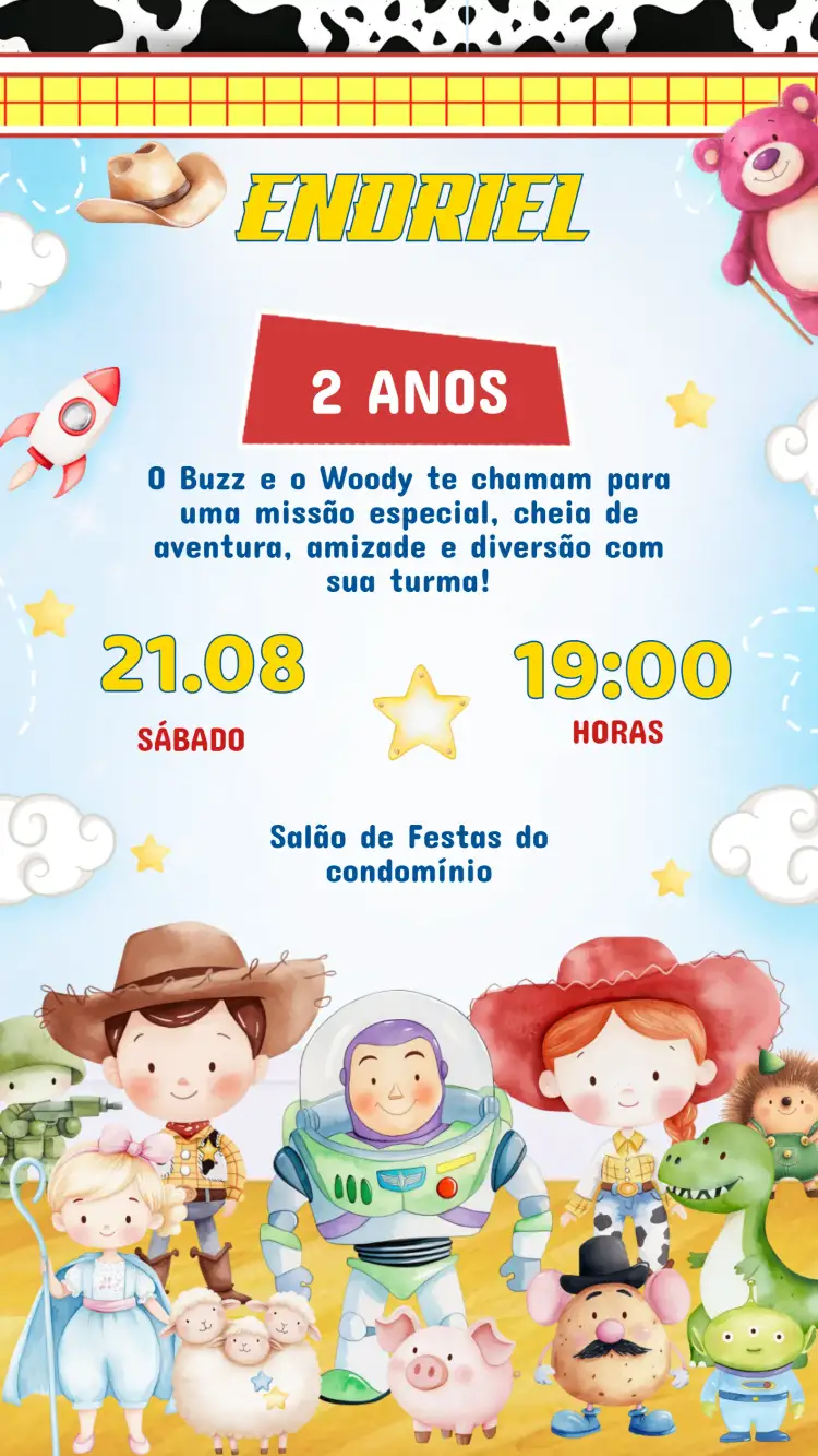 Convite Convite Aniversário Toy Story – tema Aniversário Infantil colorido, divertido, temático, infantil, brinquedos, aventura