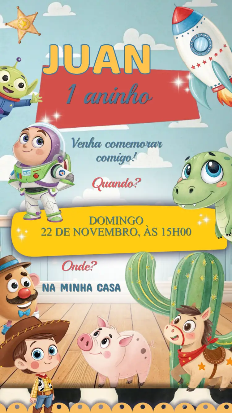 Convite Convite Aniversário Toystory – tema Aniversário Infantil colorido, temático, divertido, infantil, animado