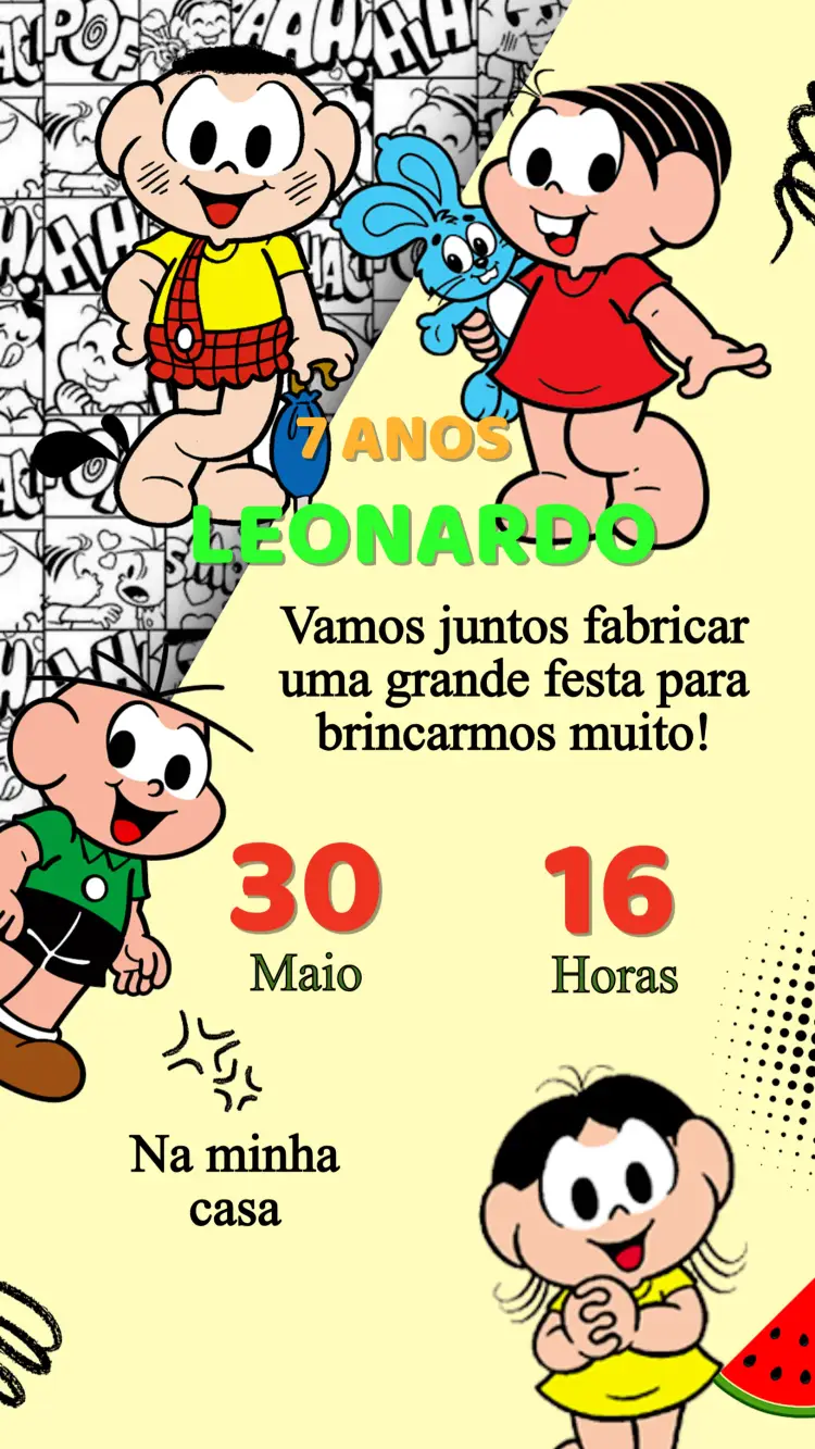 Convite Convite Aniversário Turma da Mônica editável e personalizável