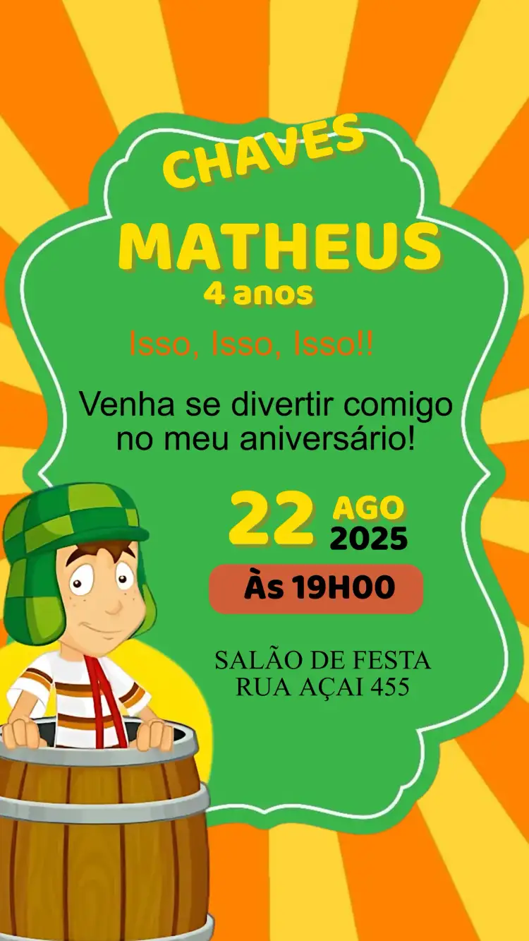 Convite Convite Aniversário Turma do Chaves – tema Aniversário Infantil colorido, divertido, vintage, ilustrações animadas, brincalhão
