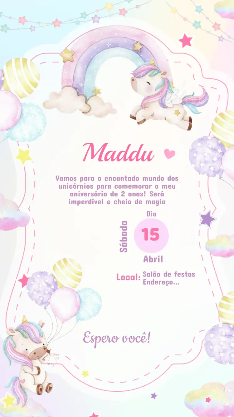 Convite Convite Aniversário Unicórnio – tema Aniversário Infantil cores pastel, fundo mágico, elementos de fantasia, estilo lúdico, ilustrações de unicórnio