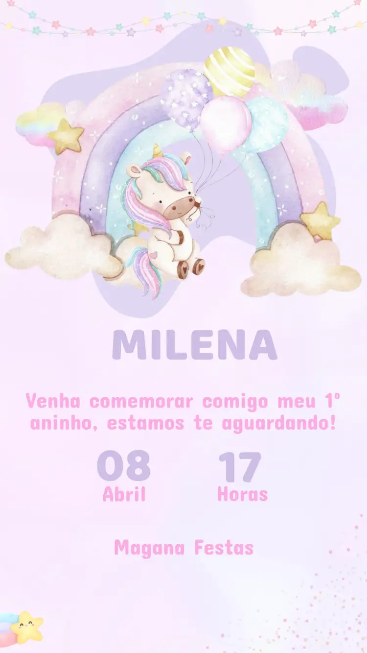 Convite Convite Aniversário Unicórnio – tema Aniversário Infantil cores pastel, mágico, fantasia, brilho, colorido, lúdico