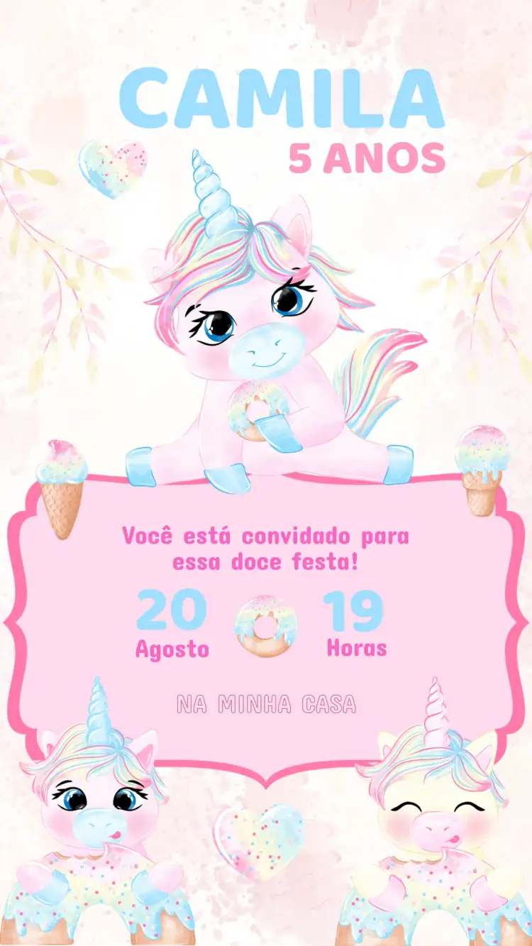 Convite Convite Aniversário Unicórnio – tema Aniversário Infantil cores pastel, brilhante, fantasia, ilustrações lúdicas, colorido, mágico