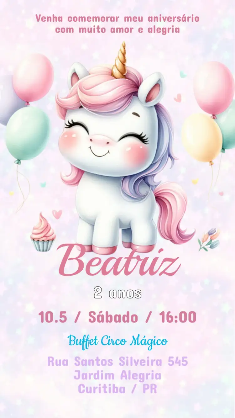 Convite Convite Aniversário Unicórnio – tema Aniversário Infantil cores suaves, elementos mágicos, ilustrações lúdicas, estilo divertido, tema de fantasia