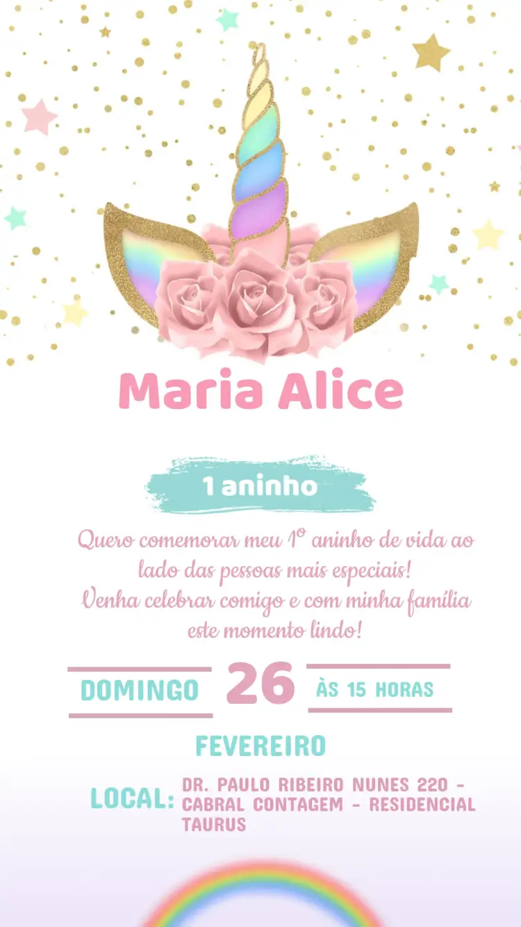 Convite Convite Aniversário Unicórnio – tema Aniversário Infantil cores pastel, lúdico, fantasia, brilho, colorido