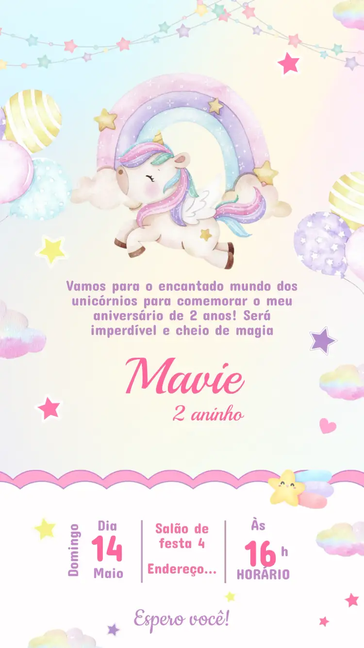 Convite Convite Aniversário Unicórnio – tema Aniversário Infantil cores suaves, mágico, ilustrações de unicórnios, estilo lúdico, fantasia, brilho