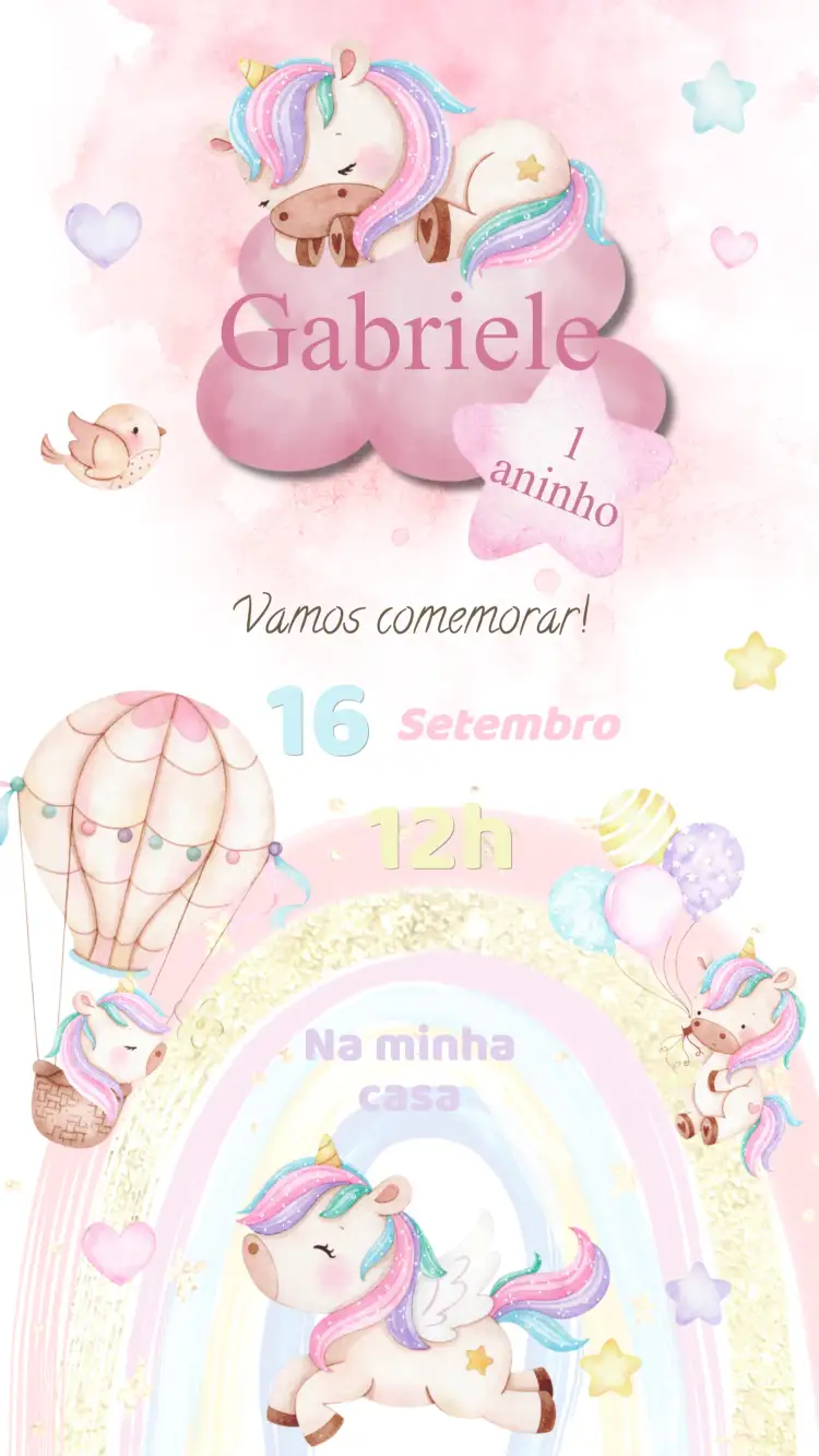 Convite Convite Aniversário Unicórnio – tema Aniversário Infantil fantasia, colorido, lúdico, mágico, brilhante, divertido