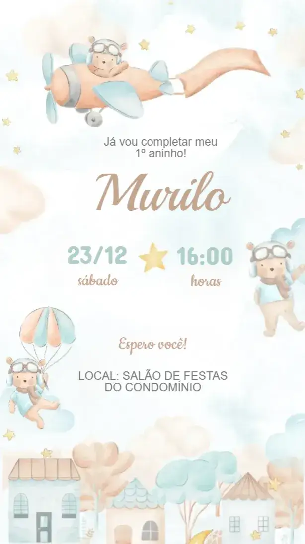 Convite Convite Aniversário Ursinho Aviador – tema Aniversário Infantil azul claro, branco, elementos de aviação, ilustrações fofas, estilo lúdico
