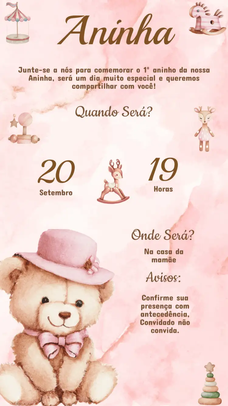 Convite Convite Aniversário Ursinho – tema Aniversário Infantil cores suaves, ilustrações fofas, estilo lúdico, tema animal, design alegre, elementos gráficos divertidos