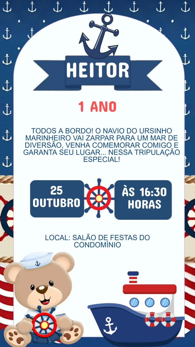 Convite Convite Aniversário Ursinho Marinheiro – tema Aniversário Infantil marinheiro, naval, azul e branco, ilustrações fofas, elementos náuticos, estilo divertido